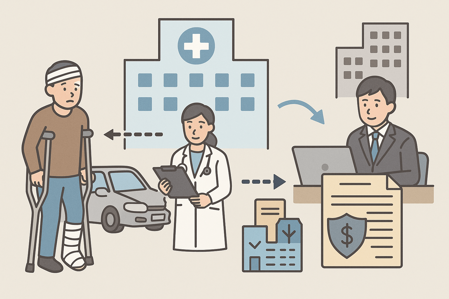 交通事故による医療費支払いの流れを示すイラスト